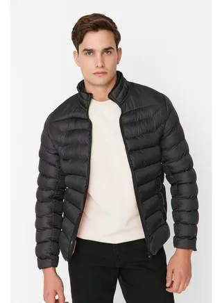 Black Men's Regular Fit Standing Collar Puffy Windproof Coat. 