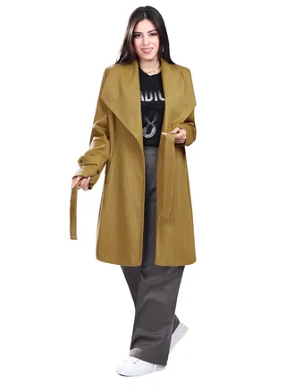 Self Striped Shawl Collar Coat With Lining And Belt - Camel 