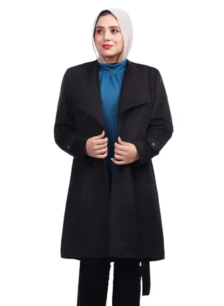 Self Striped Shawl Collar Coat With Lining And Belt - Black 