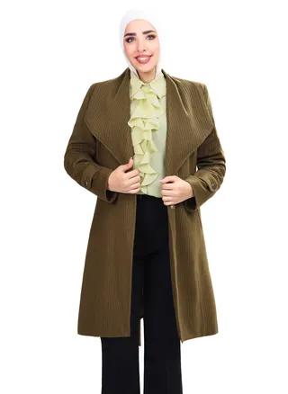 Self Striped Shawl Collar Coat With Lining And Belt - Havan 