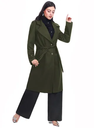 Fully Lined Long Wool Blend Womens Coat With Belt - Olive 