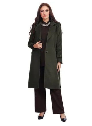 Fully Lined Classic Long Wool Coat With  Belt - Olive 