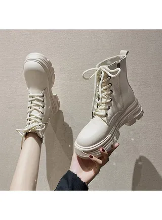 Women's Ankle Boots Ladies Combat Ankle Winter Warm Soft Casual Shoes Women High Top Leather Martin Boots Women Low Heel Lace Up Outdoor Trekking Hiking Work Boots 