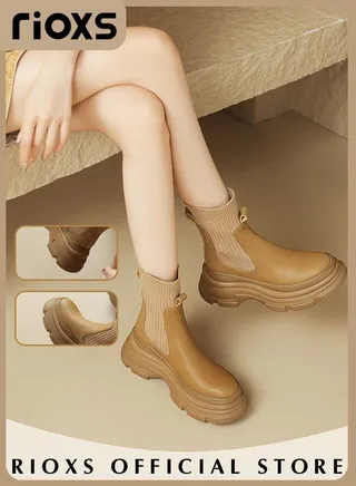 Women's Knitted Round Toe High Platform Pull-On Lug Ankle Boots Fall Winter Western Cowboy Boots for Women With Comfortable and Elastic Soles 