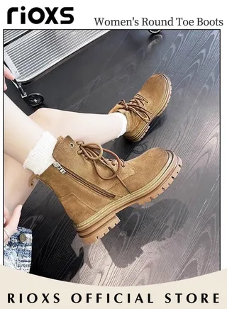 Women's Fall Winter Ankle Boots Ladies Fashion Casual Leather Boots Side Zipper 8-Eye Lace Up High Heel Comfortable Pump Shoes 