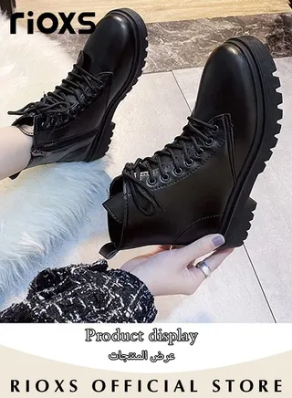 Women's Fashion Ankle Boots Casual Side Zipper Lace Up Round Toe Low Heel Booties Shoes 