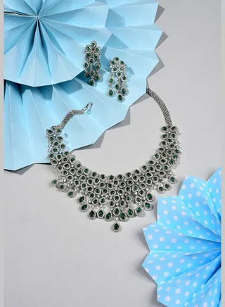 Silver Plated Designer Stone Necklace and Earring Set