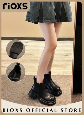 Women's Chelsea Boots Autumn Fashion Chunky Leather Boots Simple Pull-On Lug Ankle Boots with Comfortable and Elastic Sole 