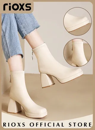 Women's High-heeled Boots Ladies Solid Color Ankle Boots Simple Fashion Square Toe Leather Boots Autumn Winter Pump Shoes 