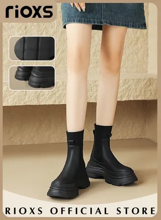 Women's Knitted Round Toe High Platform Pull-On Lug Ankle Boots Fall Winter Western Cowboy Boots for Women With Comfortable and Elastic Soles 