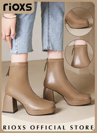 Women's High-heeled Boots Ladies Solid Color Ankle Boots Simple Fashion Square Toe Leather Boots Autumn Winter Pump Shoes 