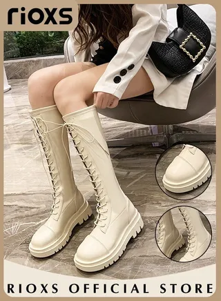 Women's Over The Knee High Boots Ladies Fashion Casual Leather High Elastic High Boots Side Zipper Lace Up Thick Mid-heel Rider Boots Long Tube Knee-Length Boots 