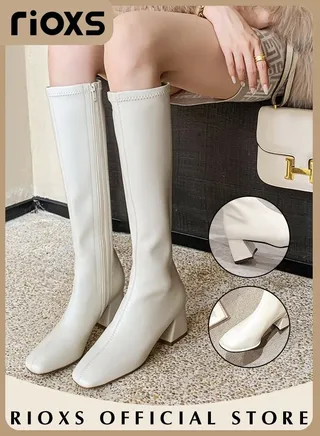 Women's Knee High Boots Fashion Solid Color Chunky Heel Boots for Women Square Round Toe Side Zipper Long Boots in Fall and Winter 