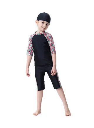 3-Piece Flower Pattern Burkini Set Black/Pink/Blue 