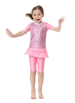 2-Piece Short Sleeves Split Swimsuit Pink/Grey 