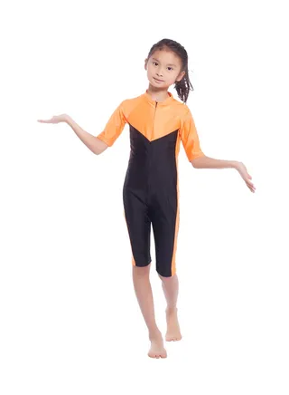 Girl's Short Sleeve Chain Closure Burkini Orange/Black 