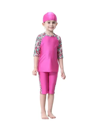 3-Piece Short Sleeve Flower Pattern Burkini Pink/Green/Red 