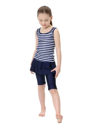 Scoop Neck Sleeveless Swimsuit Navy Blue/White 
