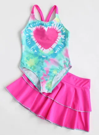 Girl's Swimwear Suit Printed Heart One Piece With Skirt for Kids Swimming at Sea, Beach and Pool 