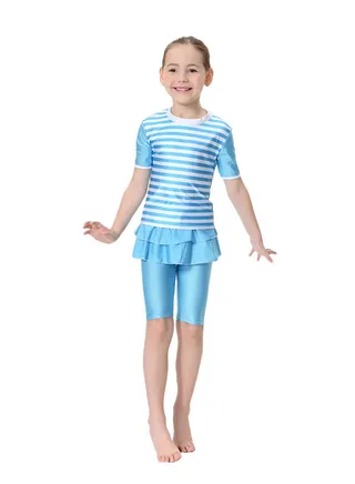 2-Piece Short Sleeves Split Swimsuit Sky Blue/White 