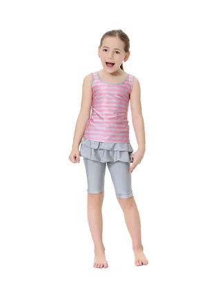 2-Piece Strip Pattern Round Neck Burkini Pink/Grey 