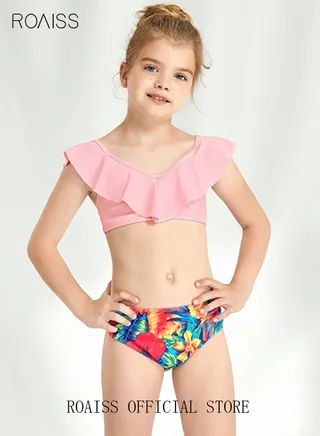 2 Piece Kids Swimsuit Random Floral Print Ruffle Trim Cut Out Bikini Girls Swimwear Children Tankinis Beachwear Bathing Suit Toddler Swimming Suit for Summer Pink/Multicolor 