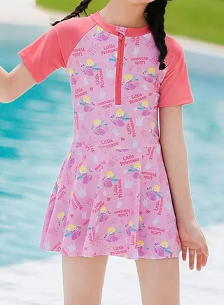 1 Piece Kids Swimsuit Print Toddler Girls Swimwear Children Swimming Clothing Beachwear Short Sleeves Dress with Lining Bathing Suit Bikini for Summer Pink 