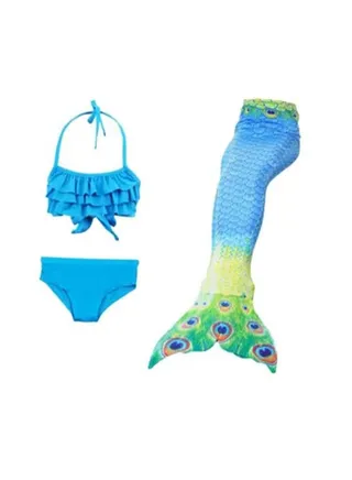 3-pieces Peacock Kids Bikini Set Cartoon Mermaid Tail Summer Swim Pool Girl Split Swimwear 