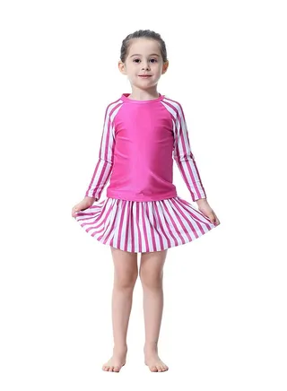 2-Piece Long Sleeve Split Swimsuit Pink/White 
