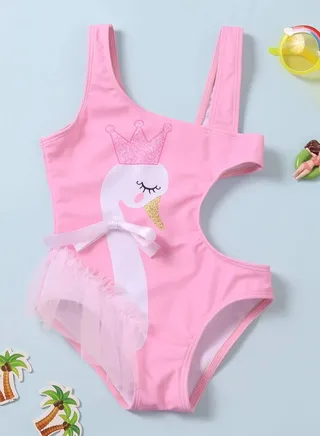 Girls Swimwear Suit Printed Cartoon Goose One Piece for Kids Swimming at Sea, Beach and Pool 