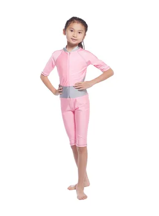 Girl's Short Sleeve Chain Closure Burkini Pink/Grey 