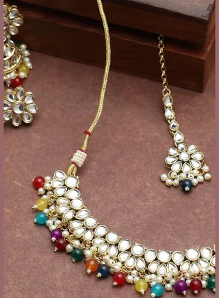 Gold Plated Kundan Beads Necklace, Earrings and Maang Tikka Set