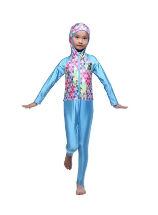 Long Sleeve Hooded Neck Burkini Sky Blue/Pink 