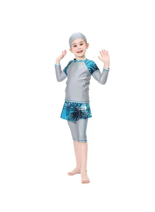 3-Piece Colourblock Pattern Swimsuit Set Grey/Blue 