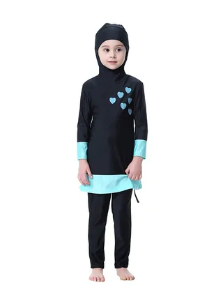 Heart Printed Long Sleeve Burkini Black/Blue 
