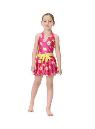 Girl's Floral Pattern Burkini Pink/Yellow/Blue 