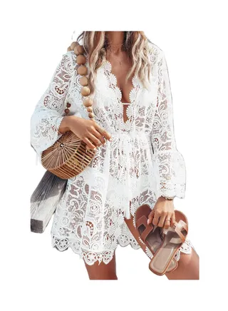 Swim Beach Bikini Women V Neck Lace Dress Hollow Crochet Pool Swim Beach Bikini Cover-ups Mini Dress Bathing Suit 