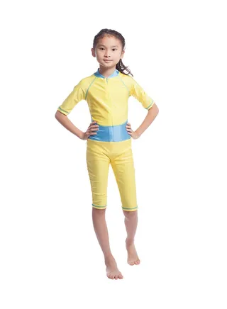 Girl's Short Sleeve Chain Closure Burkini Yellow/Blue 