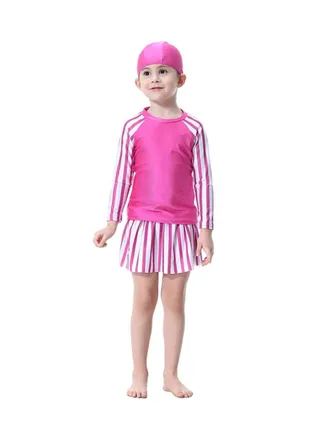 3-Piece Long Sleeve Strip Pattern Burkini Pink/White 