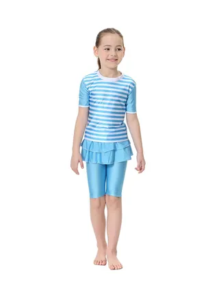 Girl's 2-Piece Stripe Pattern Burkini Set Sky Blue/White 
