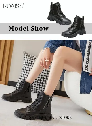 Women's Ankle Boots Ladies Combat Ankle Winter Warm Soft Casual Shoes Women High Top Leather Martin Boots Women Low Heel Lace Up Outdoor Trekking Hiking Work Boots 