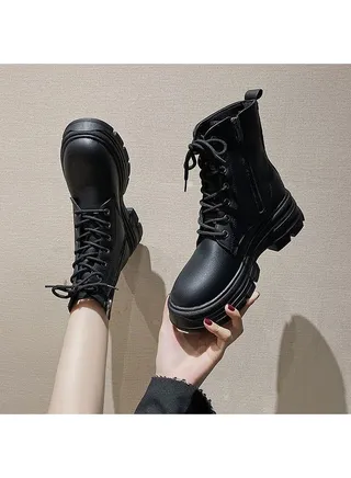 Women's Ankle Boots Ladies Combat Ankle Winter Warm Soft Casual Shoes Women High Top Leather Martin Boots Women Low Heel Lace Up Outdoor Trekking Hiking Work Boots 