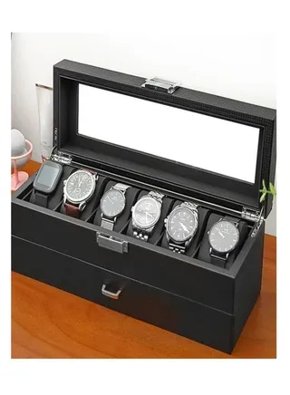 Carbon Fiber PU Watch Jewelry Box Double Layer 6 Watch Storage Box Multi purpose for Home Office 