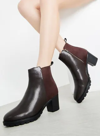 Color Block Mid Shaft Block Heel Boots