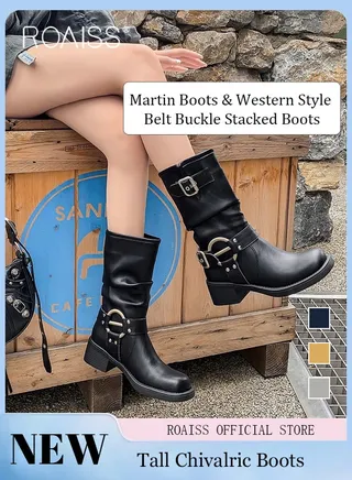Belt Buckle Leather Mid Calf Boots for Women Slip On Square Toe Chunky Heel High Boot Vintage Martin Shoes 