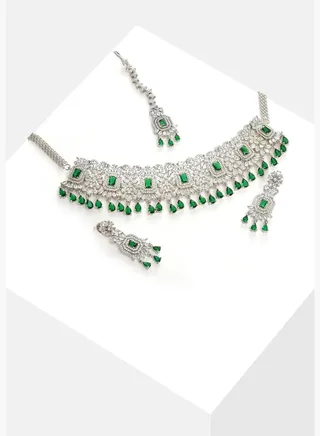 Silver Plated Designer Stone Necklace, Earrings and Maang Tikka Set Jewellery Set