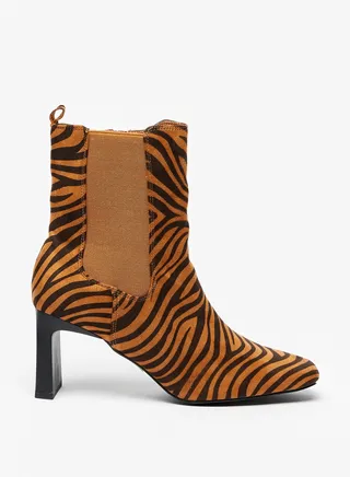 Womens Animal Print Ankle Boots with Zip Closure and Block Heels Brown 
