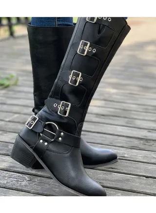 Women's Solid Color Boots, Slip On Point Toe Chunky Heel Buckle Decor Western Mid Calf Shoes, Versatile Cowboy Shoes 