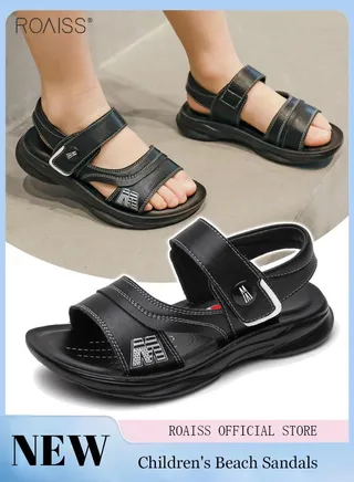 Boys' Leather Open Toe Sandals Non Slip Soft Sole Velcro Beach Shoes Durable Summer Student Leather Sandals 
