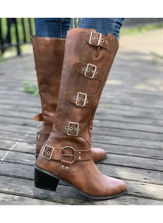 Women's Solid Color Boots, Slip On Point Toe Chunky Heel Buckle Decor Western Mid Calf Shoes, Versatile Cowboy Shoes 
